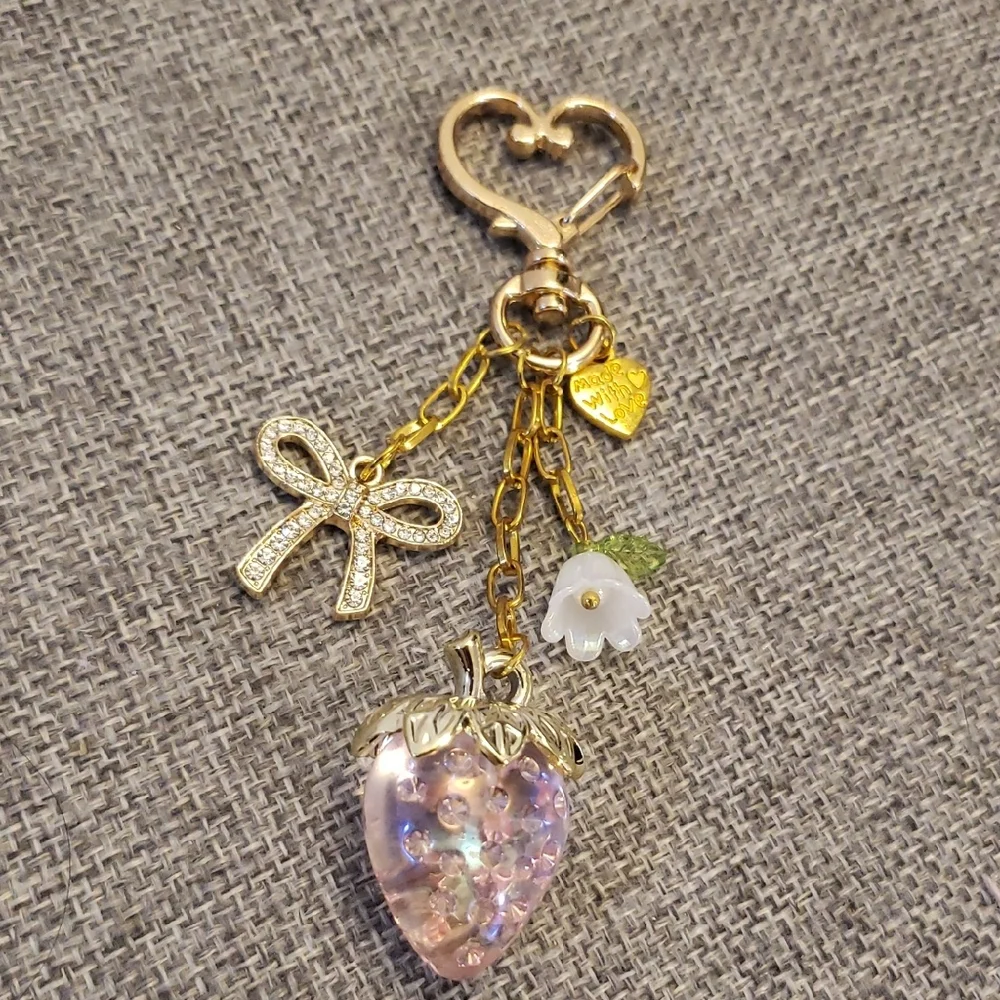 Gold and Pink Strawberry Bag Charm Keychain - Picture 1 of 4